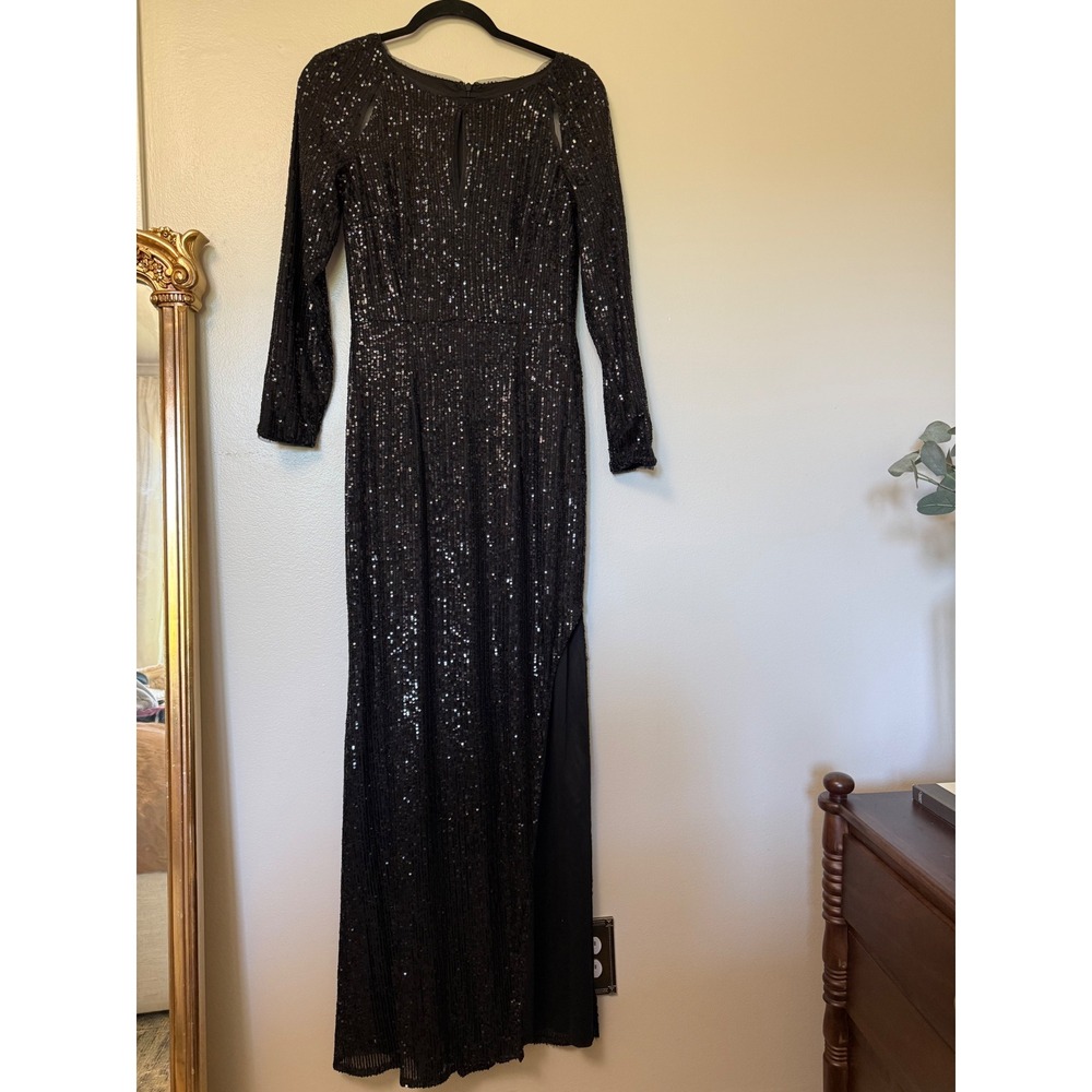 Black Sequin Long Sleeve Maxi Dress Shoulder Cut Out Side Slit Formal Gown - Picture 3 of 16